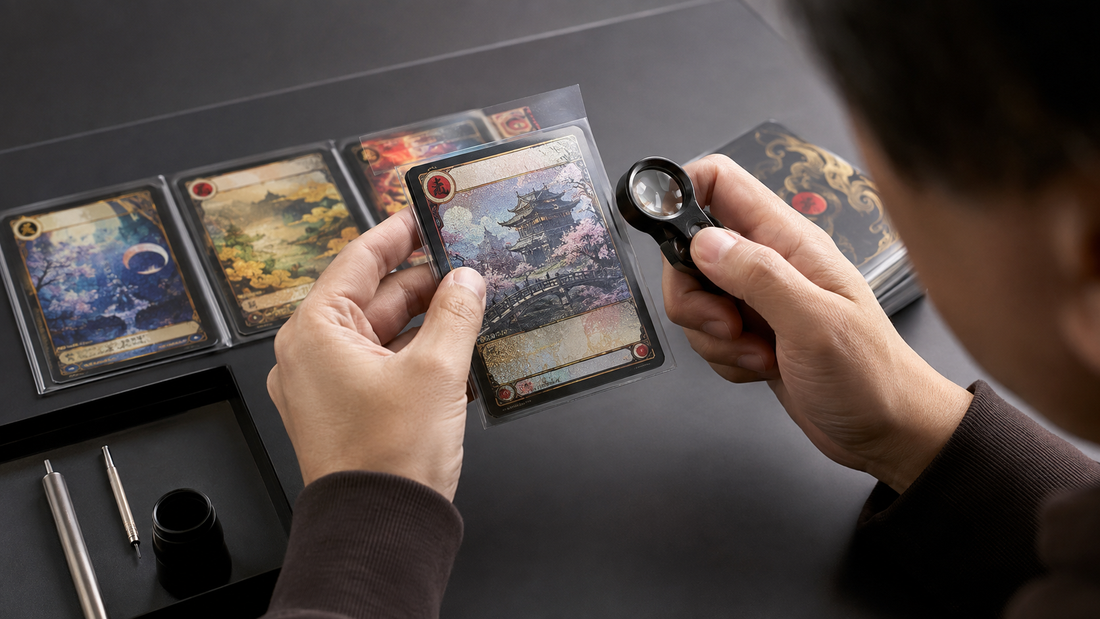 Collector inspecting a Japanese-style trading card for authenticity with a magnifying loupe