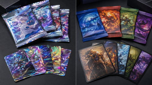 Japanese-style and international-style trading card packs and cards compared side by side