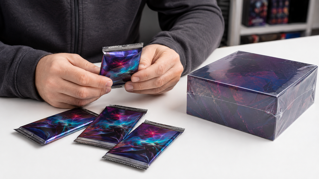 Collector comparing loose trading card booster packs with a sealed booster box