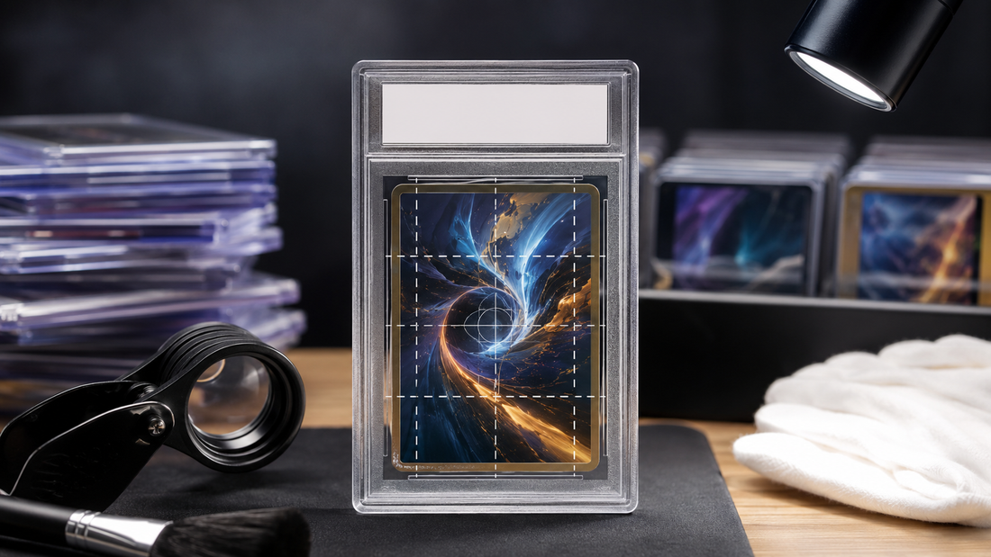 Generic collectible card in a clear grading slab under precision inspection lighting