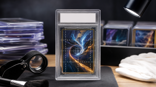 Generic collectible card in a clear grading slab under precision inspection lighting