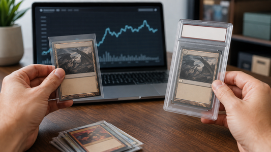 Collector comparing raw and graded trading cards with a market-price chart
