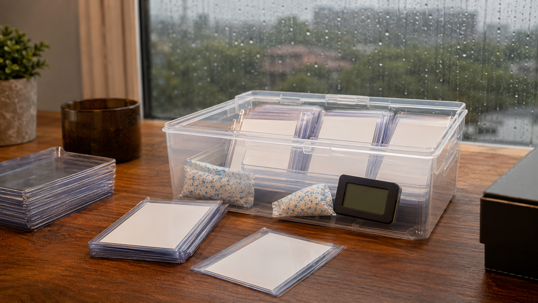 Trading cards protected in sealed storage with silica gel and a hygrometer during monsoon rain