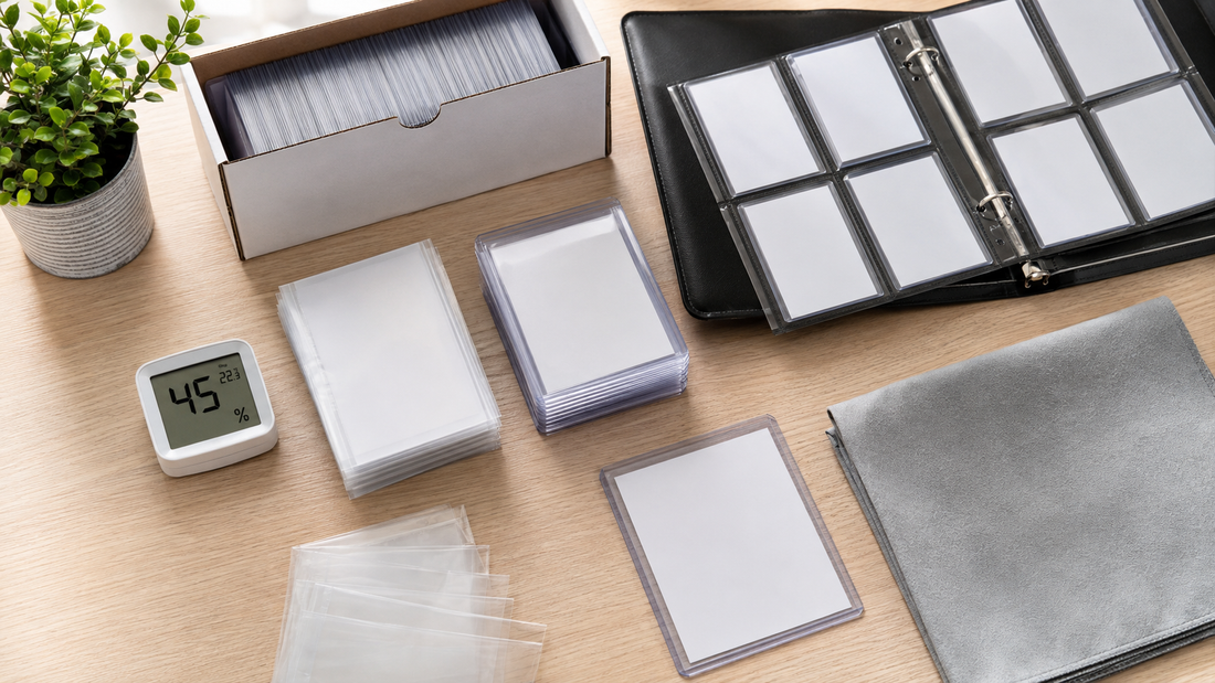 Trading card sleeves, rigid holders, binder, storage box and digital hygrometer