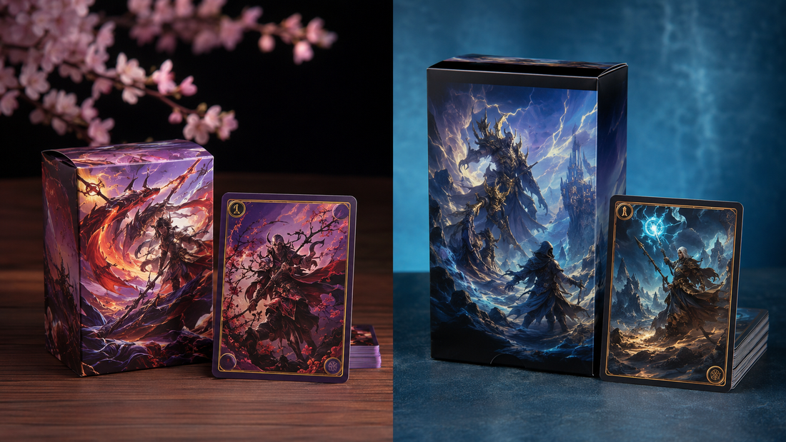 Japanese-style and international-style fantasy trading card products compared side by side