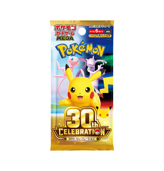 A single Pokémon MEGA 30th Celebration booster pack featuring Pikachu, Snorlax, and other characters on the front, photographed against a plain white background.
